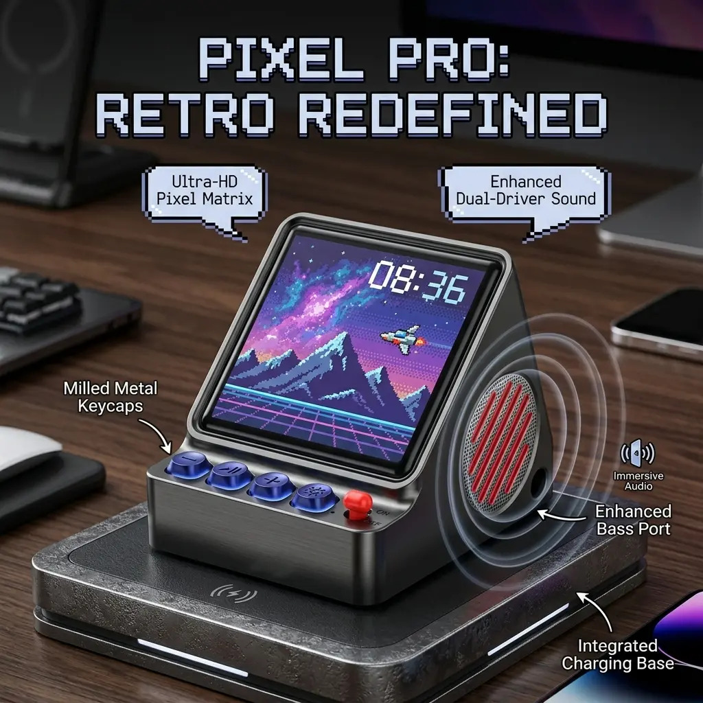 Retro Gaming Desk Setup - レトロピクセルアートプログラマブルLEDディスプレイポータブルスピーカー、DIYカスタムスクリーンゲーミングデスクセットアップオーディオボックス、男性大人向けクリエイティブ寝室装飾サウンドシステム、デュアルドライバーバスミルドメタルキーキャップ