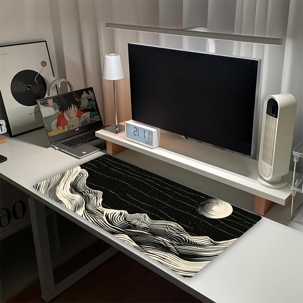 Retro Gaming Desk Setup - ヴィンテージウェーブマウンテンムーン大型拡張ゲーミングマウスパッド滑り止めデスクトップレトロラインアートゲーミングやオフィスセットアップ用